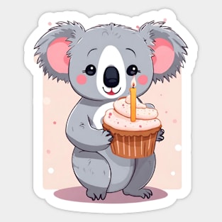 Cute Koala girl holding a birthday muffin with a candle,.Vector flat illustration Sticker